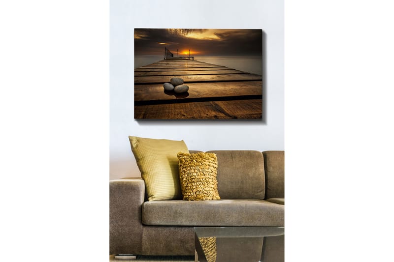Canvastavla 70x100 cm - Stilla brygga vid solnedgången med stenar i förgrunden - Guld / Brunt / Grått - Inredning - Tavlor & konst - Canvastavlor