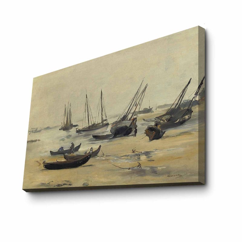 Canvastavla 70x100 cm - Stilla hamnscen med segelbåtar som ligger för ankar i lugna vatten - Grå / Beige / Mörkblå - Inredning - Tavlor & konst - Canvastavlor