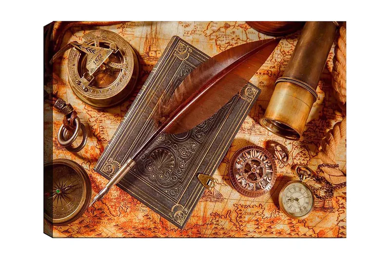 Canvastavla 70x100 cm - Stilla komposition av antika navigationsverktyg och en fjäderpenna på en gammal karta, Mörkbrun / Guld / Orange