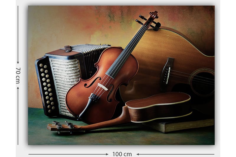 Canvastavla 70x100 cm - Stilla komposition av musikinstrument som inkluderar en fiol, gitarr och dragspel - Brun / Beige / Mörkgrön - Inredning - Tavlor & konst - Canvastavlor