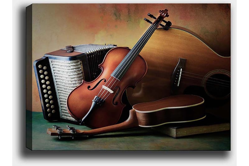 Canvastavla 70x100 cm - Stilla komposition av musikinstrument som inkluderar en fiol, gitarr och dragspel - Brun / Beige / Mörkgrön - Inredning - Tavlor & konst - Canvastavlor
