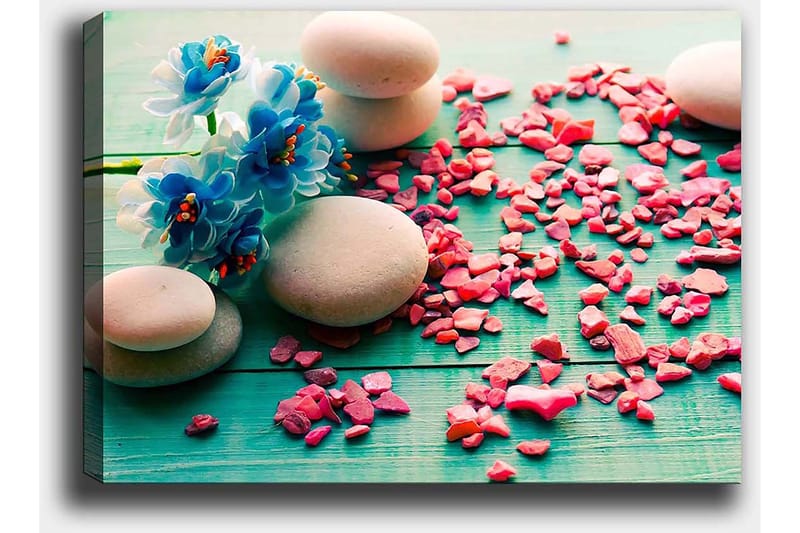 Canvastavla 70x100 cm - Stilla komposition med stenar och blå blommor på en grön bakgrund - Blå / Rosa / Grön - Inredning - Tavlor & konst - Canvastavlor