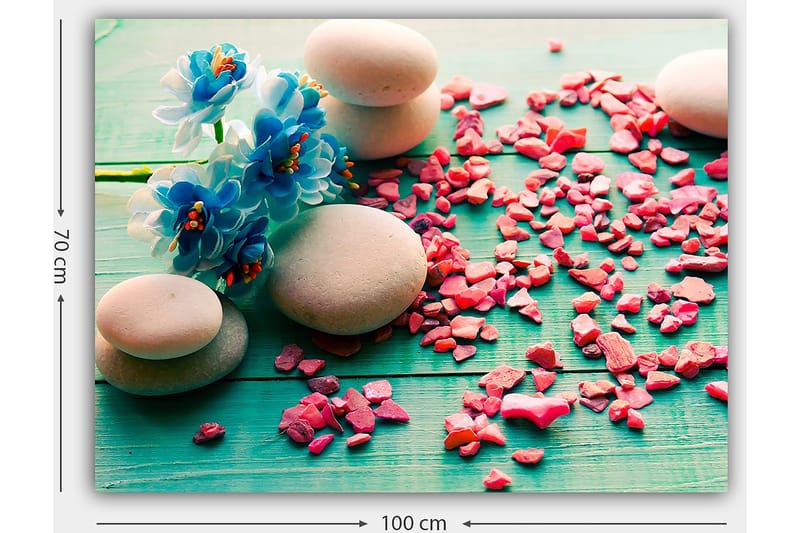 Canvastavla 70x100 cm - Stilla komposition med stenar och blå blommor på en grön bakgrund - Blå / Rosa / Grön - Inredning - Tavlor & konst - Canvastavlor