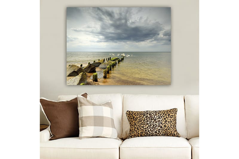 Canvastavla 70x100 cm - Stilla sjöscen med svanar som simmar vid en brygga omgiven av stenar - Grå / Grön / Blå - Inredning - Tavlor & konst - Canvastavlor