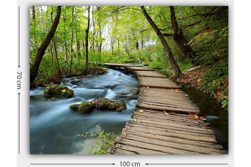 Canvastavla 70x100 cm - Stilla skogsstig som slingrar sig över en porlande bäck omgiven av grönskande träd och växtlighet - Grön / Brun / Blå - Inredning - Tavlor & konst - Canvastavlor