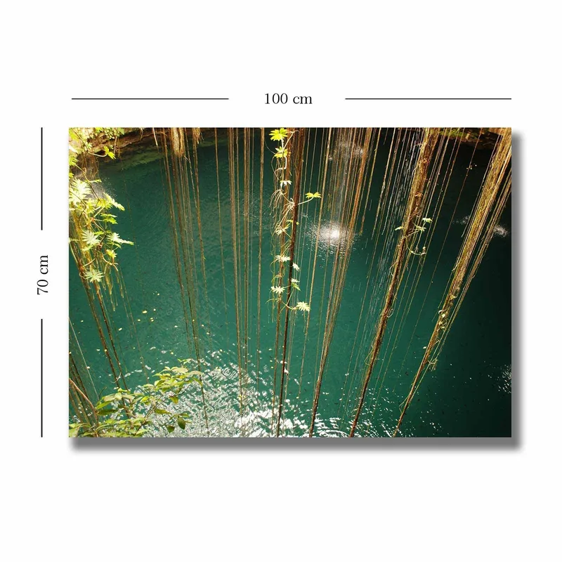 Canvastavla 70x100 cm - Stilla vattenyta omgiven av hängande växtlighet och naturliga element - Turkos / Grön / Brun - Inredning - Tavlor & konst - Canvastavlor