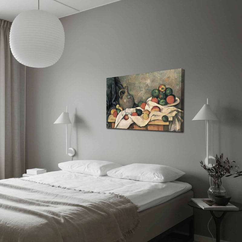 Canvastavla 70x100 cm - Stilleben med frukter och en keramikkanna på ett bord - Grön / Röd / Beige - Inredning - Tavlor & konst - Canvastavlor