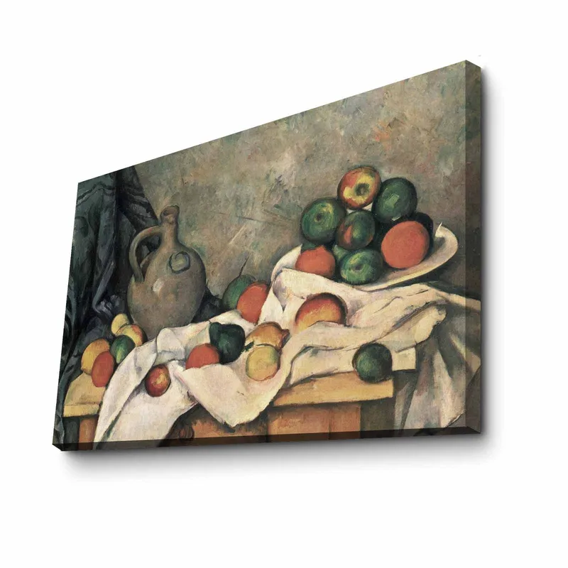Canvastavla 70x100 cm - Stilleben med frukter och en keramikkanna på ett bord - Grön / Röd / Beige - Inredning - Tavlor & konst - Canvastavlor
