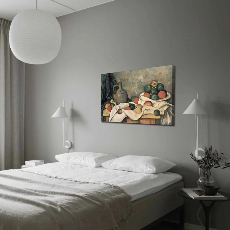 Canvastavla 70x100 cm - Stilleben med frukter och en keramikkanna på ett bord, Grön / Röd / Beige