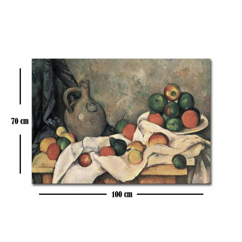Canvastavla 70x100 cm - Stilleben med frukter och en keramikkanna på ett bord - Grön / Röd / Beige - Inredning - Tavlor & konst - Canvastavlor