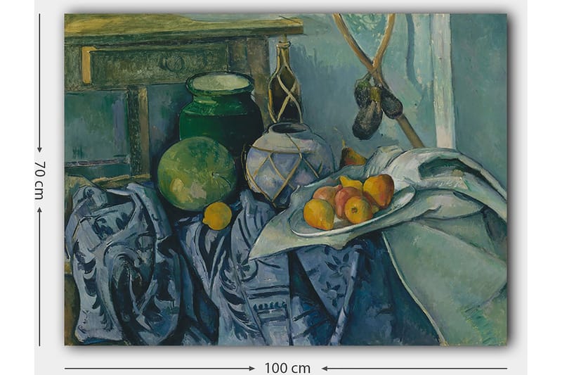 Canvastavla 70x100 cm - Stilleben med frukter och keramik på en dukad yta - Grön / Blå / Orange - Inredning - Tavlor & konst - Canvastavlor