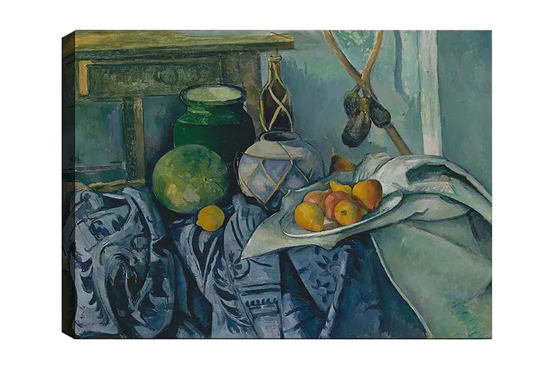 Canvastavla 70x100 cm - Stilleben med frukter och keramik på en dukad yta, Grön / Blå / Orange