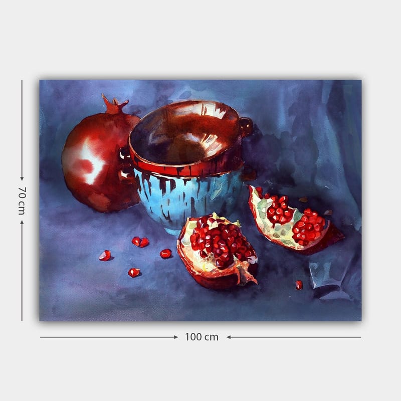 Canvastavla 70x100 cm - Stillhet med granatäpplen och en blå skål - Röd / Blå / Brun - Inredning - Tavlor & konst - Canvastavlor