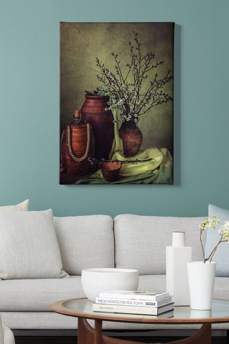 Canvastavla 70x100 cm - Stillhet med keramik och grenar i en harmonisk komposition - Mörkbrun / Ljusgrön / Olivgrön - Inredning - Tavlor & konst - Canvastavlor