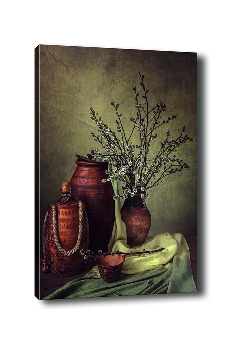 Canvastavla 70x100 cm - Stillhet med keramik och grenar i en harmonisk komposition, Mörkbrun / Ljusgrön / Olivgrön