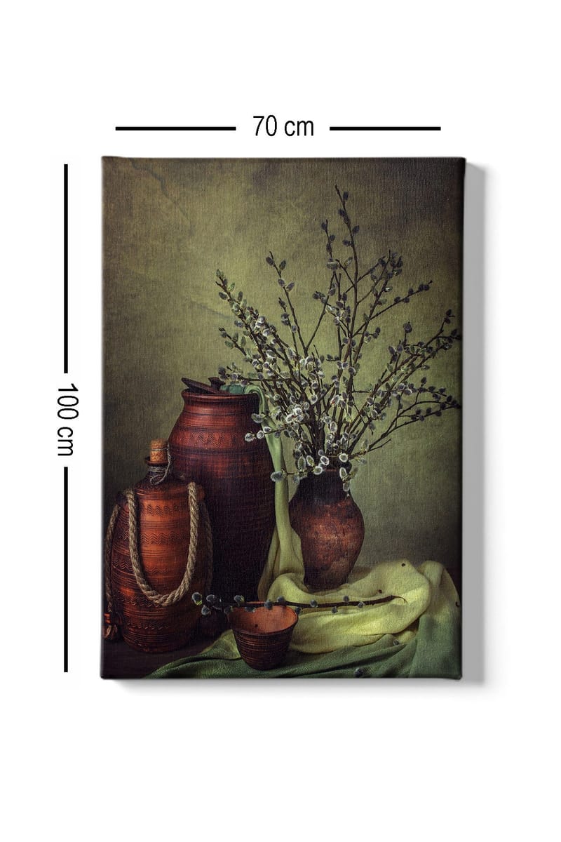 Canvastavla 70x100 cm - Stillhet med keramik och grenar i en harmonisk komposition - Mörkbrun / Ljusgrön / Olivgrön - Inredning - Tavlor & konst - Canvastavlor