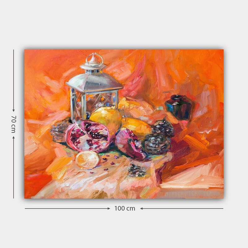 Canvastavla 70x100 cm - Stillleben med frukter och en lantern i varma färger - Orange / Röd / Gul - Inredning - Tavlor & konst - Canvastavlor