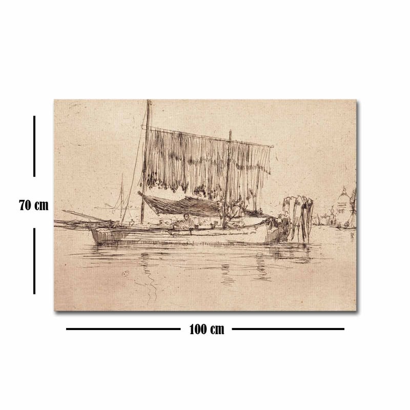 Canvastavla 70x100 cm - Stillsam hamnscen med segelbåtar och människor vid vattnet - Beige / Brun - Inredning - Tavlor & konst - Canvastavlor