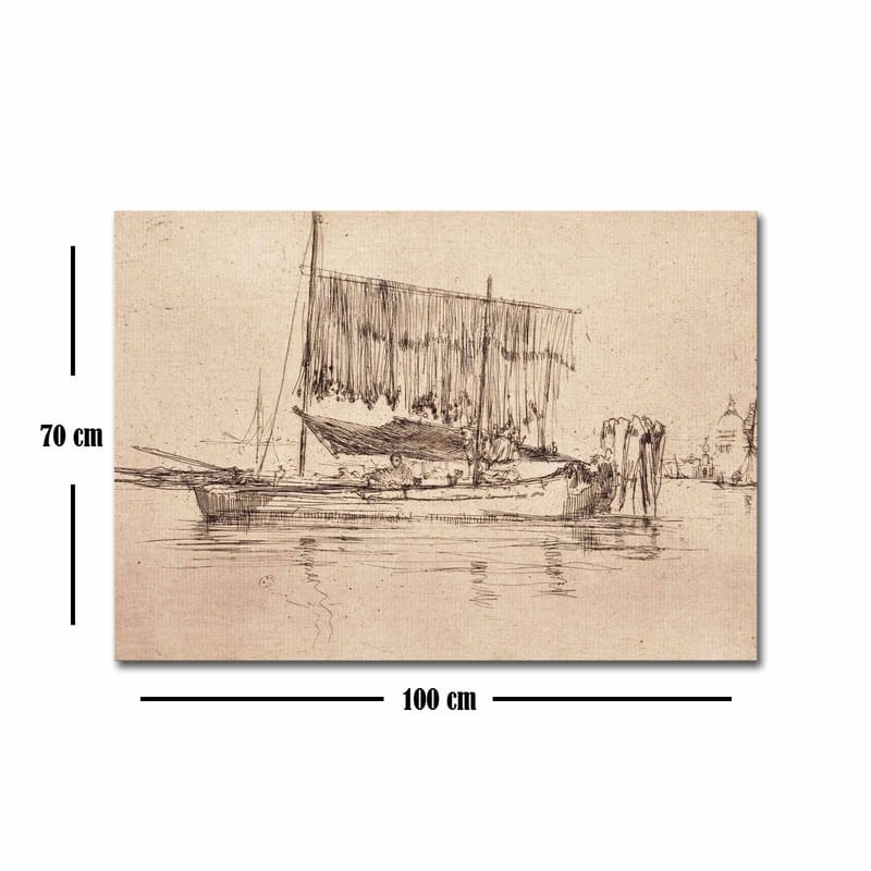 Canvastavla 70x100 cm - Stillsam hamnscen med segelbåtar och människor vid vattnet - Beige / Brun - Inredning - Tavlor & konst - Canvastavlor