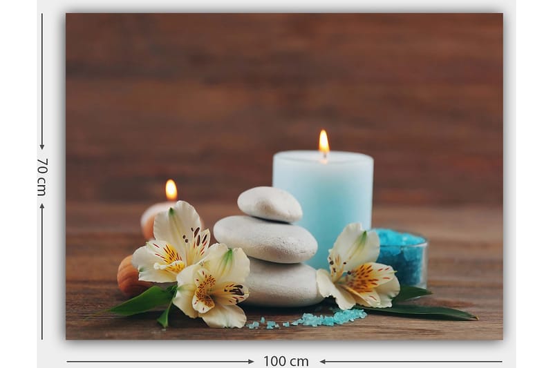 Canvastavla 70x100 cm - Stillsam komposition av stenar, blommor och ljus som skapar en avkopplande atmosfär - Ljusblå / Vit / Grön - Inredning - Tavlor & konst - Canvastavlor