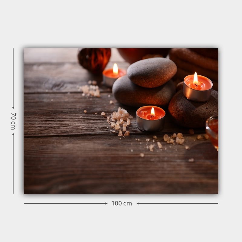 Canvastavla 70x100 cm - Stillsam komposition av stenar och tända ljus som skapar en avkopplande atmosfär - Grå / Orange / Brun - Inredning - Tavlor & konst - Canvastavlor