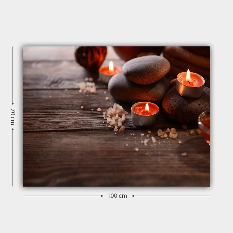 Canvastavla 70x100 cm - Stillsam komposition av stenar och tända ljus som skapar en avkopplande atmosfär - Grå / Orange / Brun - Inredning - Tavlor & konst - Canvastavlor