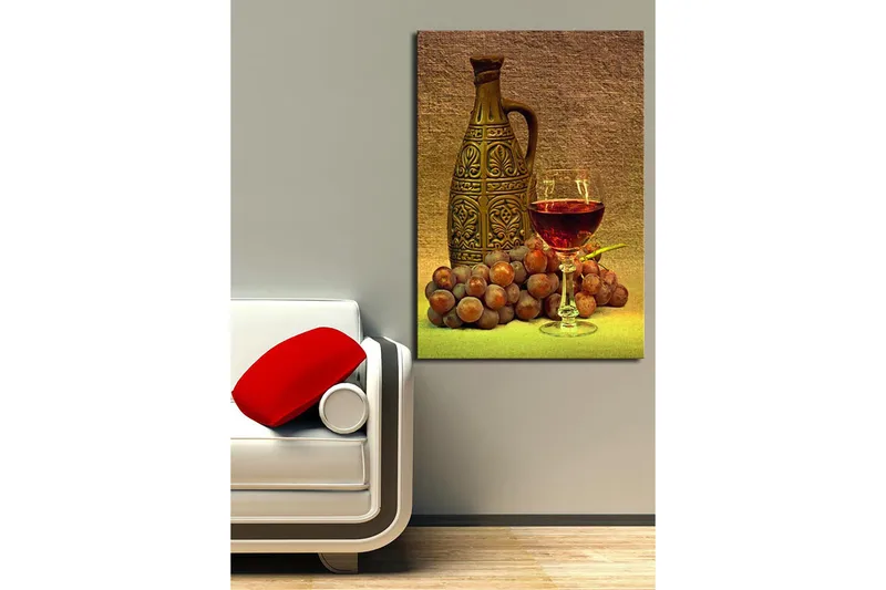Canvastavla 70x100 cm - Stillsam komposition med en dekorativ kanna, ett glas vin och druvor - Brun / Vinröd / Grå - Inredning - Tavlor & konst - Canvastavlor