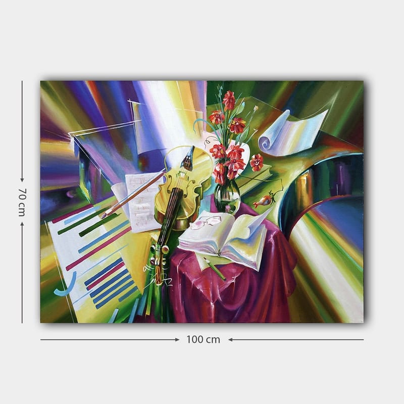 Canvastavla 70x100 cm - Stillsam komposition med en fiol, blommor och noter som framhäver musikens skönhet - Grön / Röd / Lila - Inredning - Tavlor & konst - Canvastavlor