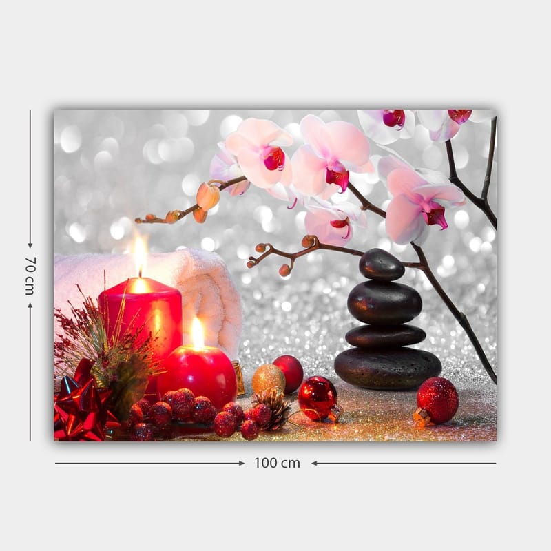 Canvastavla 70x100 cm - Stillsam komposition med ljusa orkidéer, svarta stenar och röda ljus som skapar en harmonisk atmosfär - Rosa / Röd / Svart - Inredning - Tavlor & konst - Canvastavlor