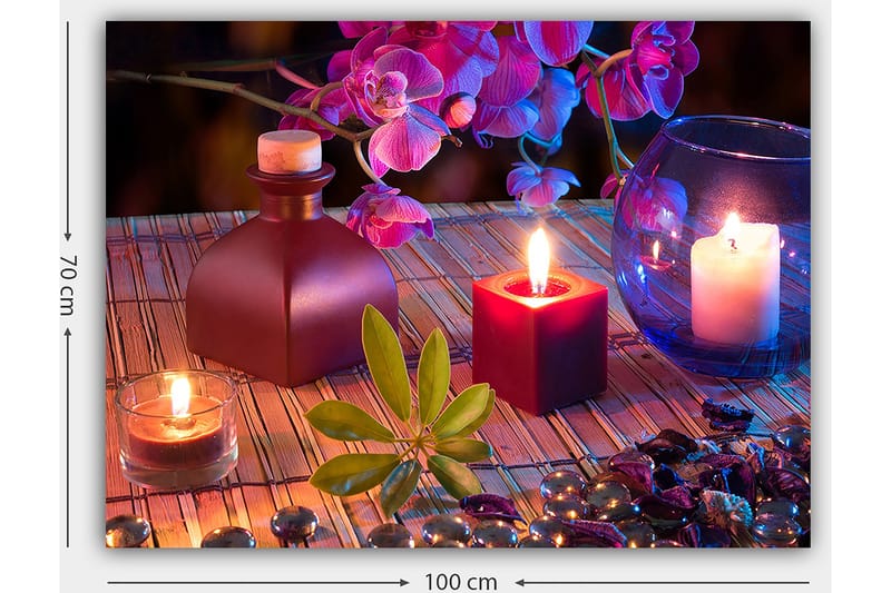 Canvastavla 70x100 cm - Stillsam och harmonisk stilleben med ljus, blommor och dekorationer - Mörkröd / Grön / Lila - Inredning - Tavlor & konst - Canvastavlor
