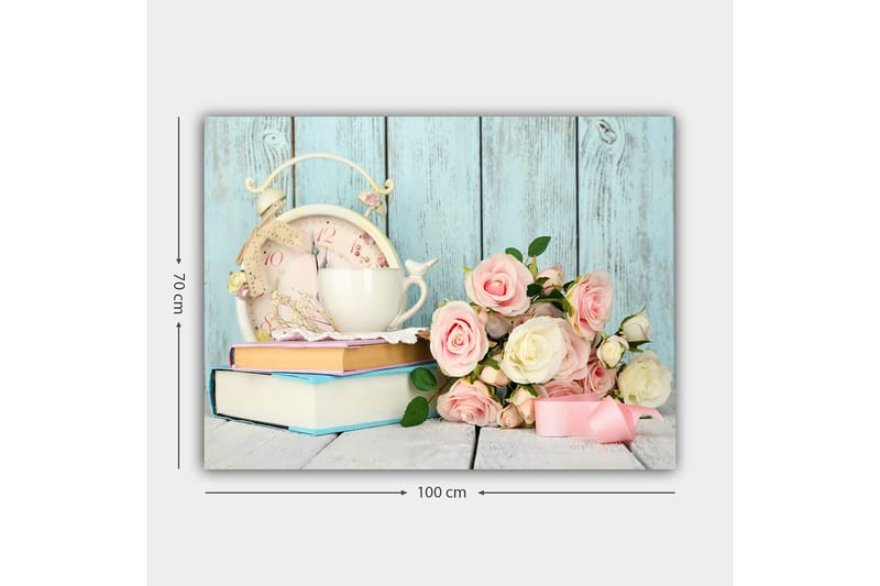 Canvastavla 70x100 cm - Stillsam och romantisk komposition med en kopp, en gammaldags klocka och en bukett rosor - Ljusrosa / Vit / Ljusblå - Inredning - Tavlor & konst - Canvastavlor