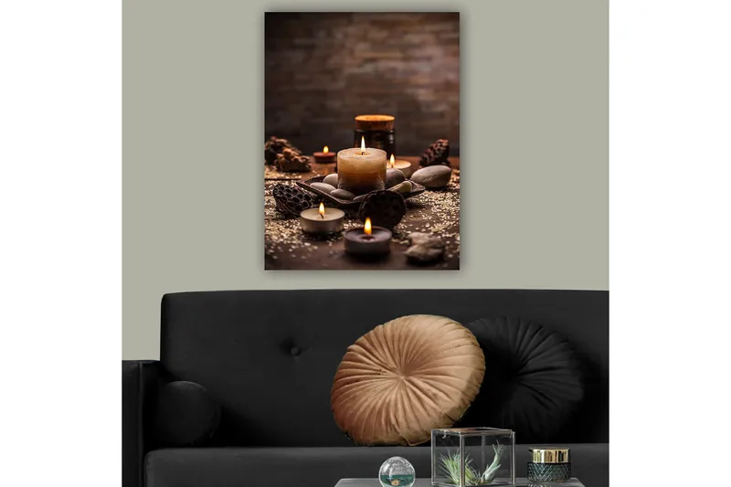 Canvastavla 70x100 cm - Stillsam samling av levande ljus och stenar i en harmonisk arrangemang - Beige / Brun / Grå - Inredning - Tavlor & konst - Canvastavlor