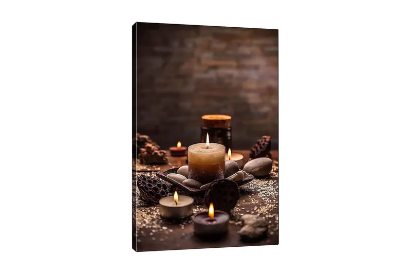 Canvastavla 70x100 cm - Stillsam samling av levande ljus och stenar i en harmonisk arrangemang, Beige / Brun / Grå