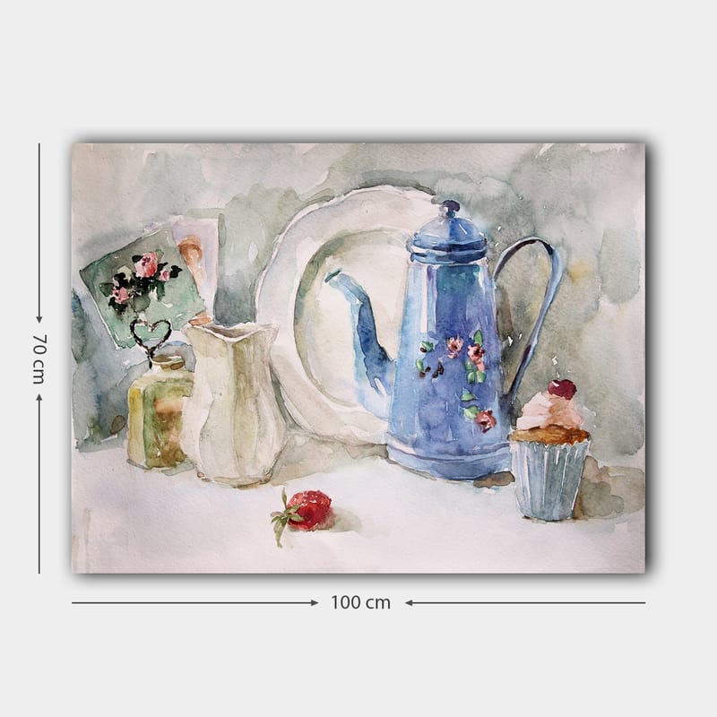 Canvastavla 70x100 cm - Stillsam stilleben med en blå kaffekanna, en jordgubbe och en cupcake - Blå / Vit / Röd - Inredning - Tavlor & konst - Canvastavlor