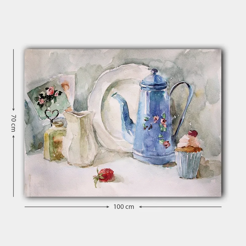 Canvastavla 70x100 cm - Stillsam stilleben med en blå kaffekanna, en jordgubbe och en cupcake - Blå / Vit / Röd - Inredning - Tavlor & konst - Canvastavlor