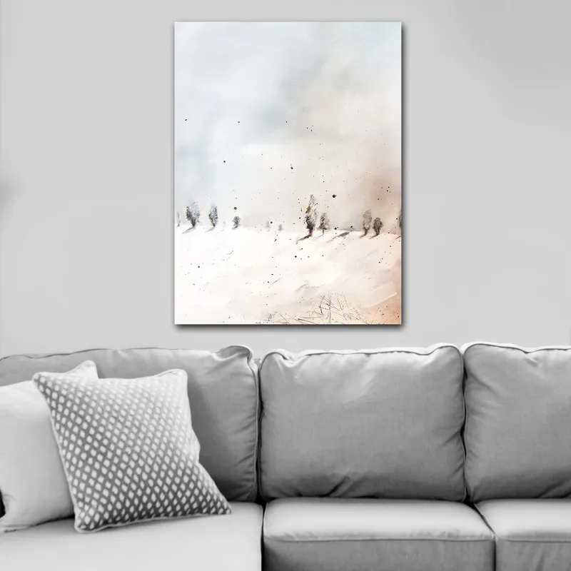 Canvastavla 70x100 cm - Stillsam vinterlandskap med snöklädda träd i fjärran, Ljusblå / Vit / Beige