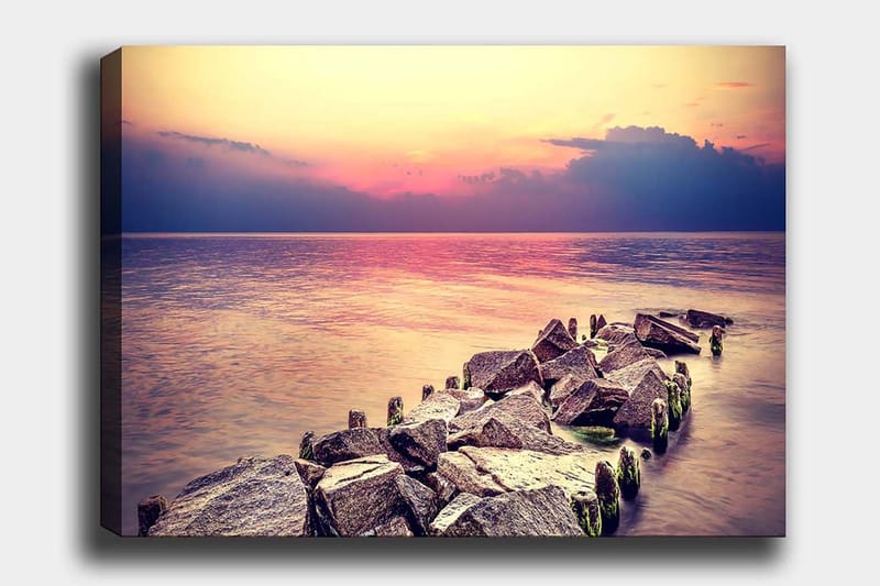 Canvastavla 70x100 cm - Stillsam vy av en klippig strandlinje vid solnedgången, Grå / Ljusblå / Rosa