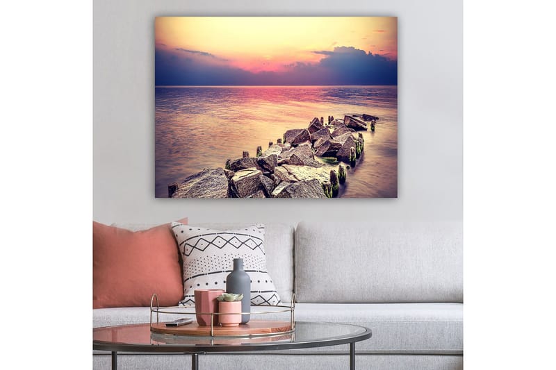 Canvastavla 70x100 cm - Stillsam vy av en klippig strandlinje vid solnedgången - Grå / Ljusblå / Rosa - Inredning - Tavlor & konst - Canvastavlor