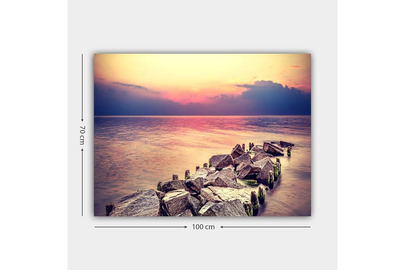 Canvastavla 70x100 cm - Stillsam vy av en klippig strandlinje vid solnedgången - Grå / Ljusblå / Rosa - Inredning - Tavlor & konst - Canvastavlor