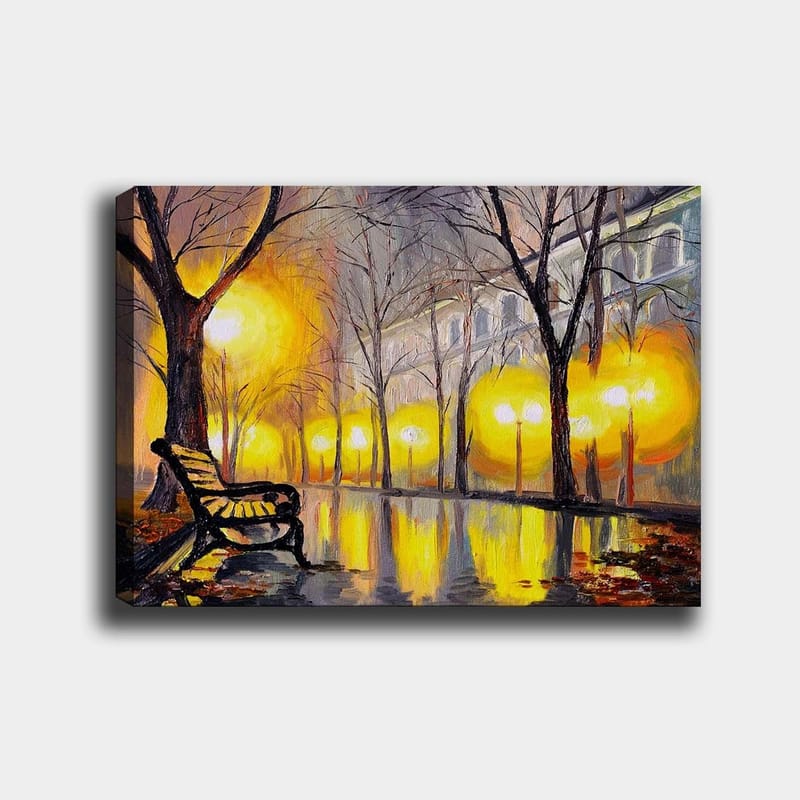 Canvastavla 70x100 cm - Stillsam park med en bänk under ett gult ljus från gatlyktor, Gult / Brunt / Grått