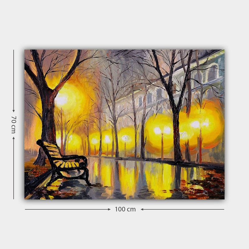 Canvastavla 70x100 cm - Stillsam park med en bänk under ett gult ljus från gatlyktor - Gult / Brunt / Grått - Inredning - Tavlor & konst - Canvastavlor