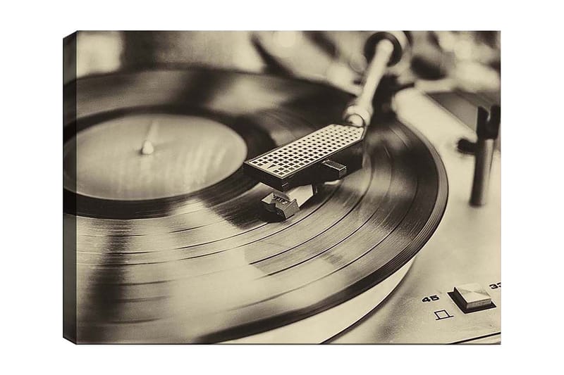 Canvastavla 70x100 cm - Stilren bild av en skivspelare med en snurrande vinylskiva, Svart / Grå