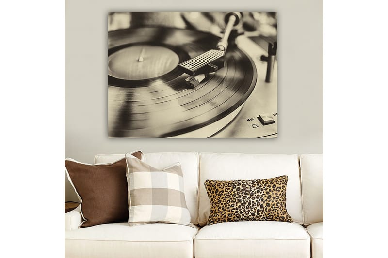 Canvastavla 70x100 cm - Stilren bild av en skivspelare med en snurrande vinylskiva - Svart / Grå - Inredning - Tavlor & konst - Canvastavlor