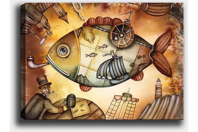 Canvastavla 70x100 cm - Stor, fantasifull fisk med segelbåtar och en fyr i en drömlik miljö - Brun / Grön / Beige - Inredning - Tavlor & konst - Canvastavlor
