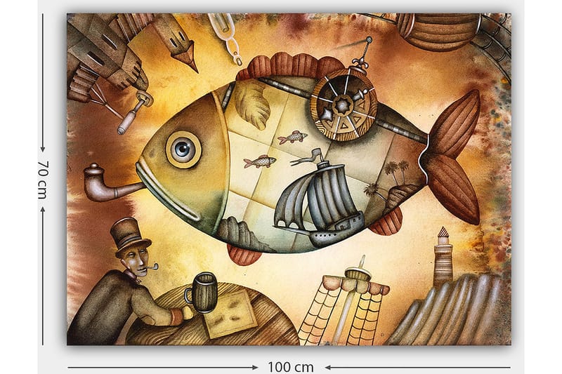 Canvastavla 70x100 cm - Stor, fantasifull fisk med segelbåtar och en fyr i en drömlik miljö - Brun / Grön / Beige - Inredning - Tavlor & konst - Canvastavlor