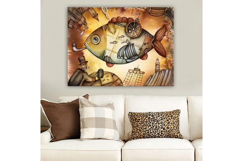 Canvastavla 70x100 cm - Stor, fantasifull fisk med segelbåtar och en fyr i en drömlik miljö, Brun / Grön / Beige