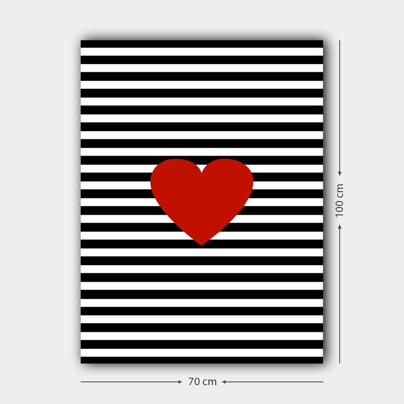 Canvastavla 70x100 cm - Stor röd hjärtform mot en bakgrund av svarta och vita ränder - Röd / Svart / Vit - Inredning - Tavlor & konst - Canvastavlor