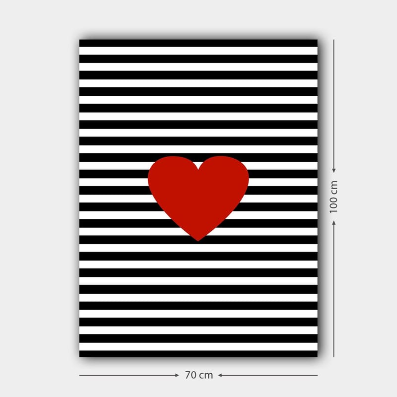 Canvastavla 70x100 cm - Stor röd hjärtform mot en bakgrund av svarta och vita ränder - Röd / Svart / Vit - Inredning - Tavlor & konst - Canvastavlor