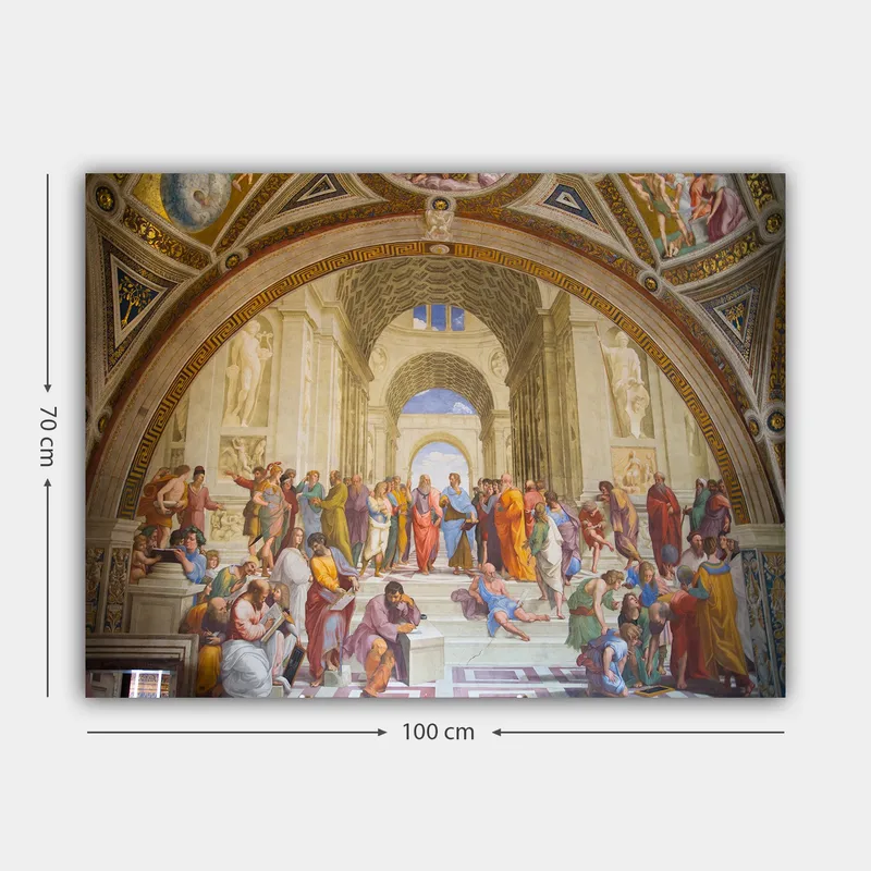 Canvastavla 70x100 cm - Stor samling av filosofer och tänkare i en storslagen arkitektonisk miljö - Blå / Röd / Beige - Inredning - Tavlor & konst - Canvastavlor