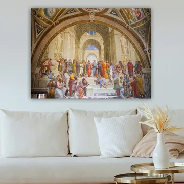 Canvastavla 70x100 cm - Stor samling av filosofer och tänkare i en storslagen arkitektonisk miljö - Blå / Röd / Beige - Inredning - Tavlor & konst - Canvastavlor